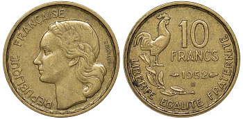 Франция 10 франков 1952 B, петух KM 915.2, Le Franc 363.5 алюминиевая бронза 51-2534