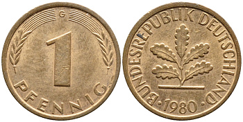 ФРГ 1 пфенниг 1980 G КМ 105 J.380 сталь плакированная медью 4392-1028