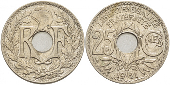 ФРАНЦИЯ 25 САНТИМОВ 1921 KM 867а медно-никель 4402-823