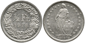 Швейцария 1/2 франка 1978 KM 23а.1 медно-никель 4528-561