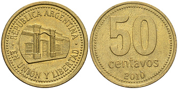 Аргентина 50 сентаво 2010 здание конгресса Тукумана, узкие буквы KM 111.1, CJ 5, Schon 112 алюминиевая бронза    60-454
