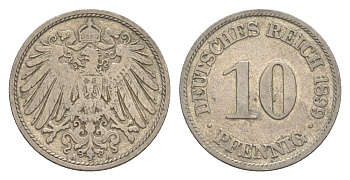 Германия 10 пфеннигов 1899 A, Вильгельм II (1888-1918) KM 12, J. 13 медно-никель 4647-911