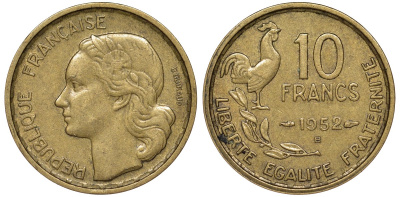 Франция 10 франков 1952 B, петух KM 915.2, Le Franc 363.5 алюминиевая бронза 51-2534