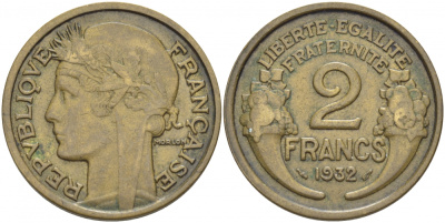 ФРАНЦИЯ 2 ФРАНКА 1932 ТИП MORLON KM 886, LE FRANC 268.3 алюминиевая бронза 4403-135