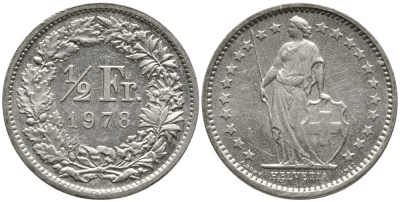 Швейцария 1/2 франка 1978 KM 23а.1 медно-никель 4528-561