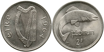 ИРЛАНДИЯ 1 ФЛОРИН = 2 ШИЛЛИНГА 1964 ЛОСОСЬ KM 15а медно-никель 4531-825