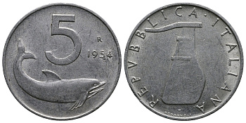 ИТАЛИЯ 5 ЛИР 1954 R, РУЛЬ, ДЕЛЬФИН KM 92 алюминий 54-1012