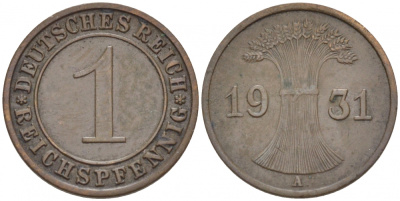 Германия 1 рейхспфенниг 1931 A KM 37, J. 313 бронза 110-225