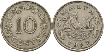 Мальта 10 центов 1972 баржа Великого магистра KM 11 медно-никель 82-515