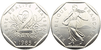 Франция 2 франка 1985 сеятель, тираж 20011 экземпляров KM 942.1, LE FRANC 272.9 никель UNC 1526-1342