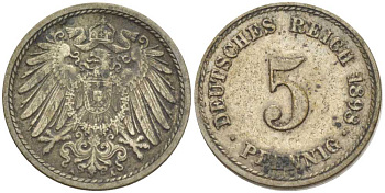 ГЕРМАНИЯ 5 ПФЕННИГОВ 1898 A KM 11, J. 12, Weege 6 медно-никель 206-919