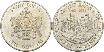 Сент-Люсия 10 долларов 1982 200 лет битве у островов Всех Святых KM 12 медно-никель UNC 1091-4-22