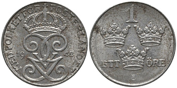 Швеция 1 эре 1942 Густав V (1907-1950) KM 810 железо 188-1213