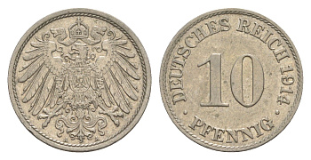 Германия 10 пфеннигов 1914 A, Вильгельм II (1888-1918) KM 12, J. 13 медно-никель 4644-1215