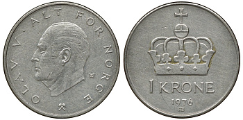 НОРВЕГИЯ 1 КРОНА 1976 ОЛАФ V KM 419 медно-никель 72-956