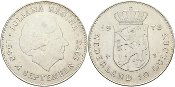 Нидерланды 10 гульденов 1973 25 лет правления королевы Юлианы KM 196 серебро 4552-922