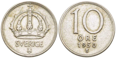 Швеция 10 эре 1950 TS, Густав V (1907-1950) KM 813 серебро 116-1211