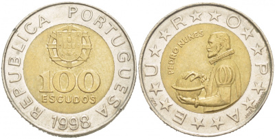 Португалия 100 эскудо 1998 Педру Нуниш (1502-1578), математик KM 645.1 биметалл 77-546