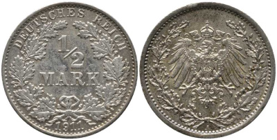 ГЕРМАНИЯ 1/2 МАРКИ 1911 A KM 17, J. 16, Weege 16 серебро 4448-741