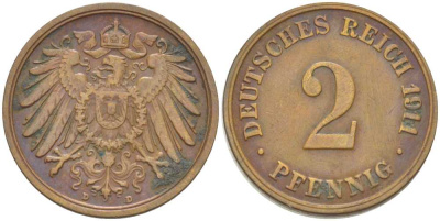 ГЕРМАНИЯ 2 ПФЕННИГА 1911 D KM 16, J. 11, Weege 4 медь 206-559