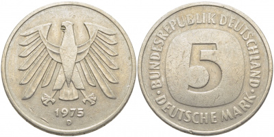 ФРГ 5 марок 1975 D, монетный двор Мюнхен КМ 140.1, J. 415 медно-никель плакированный никелем 109-844