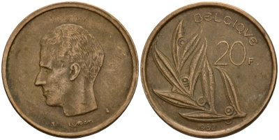 Бельгия 20 франков 1982 Belgique, Бодуэн I (1951-1993) KM 159 никель бронза 4601-353