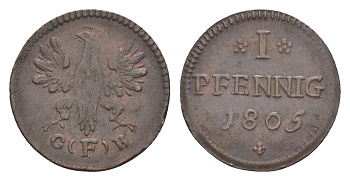 Франкфурт 1 пфенниг 1805 G(F)B KM 268 медь 1522-1243