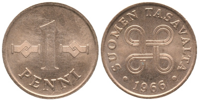 Финляндия 1 пенни 1966 KM 44 медь 100-958