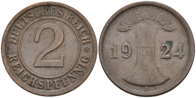 Германия 2 рейхспфеннига 1924 A KM 38, J. 314 бронза 4147-1237