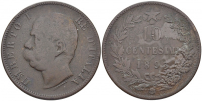 ИТАЛИЯ 10 ЧЕНТЕЗИМО 1893 B/I, УМБЕРТО I (1878-1900) KM 27.1 медь 114-622