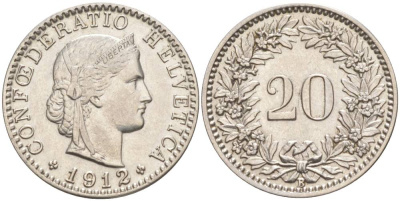 ШВЕЙЦАРИЯ 20 РАППЕНОВ 1912 В KM 29 никель 55-625