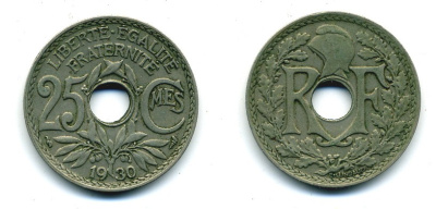 ФРАНЦИЯ 25 САНТИМОВ 1930 ТИП ЛАНДАЙЁ KM 867а, LE FRANC 171,14 медно-никель 84-257