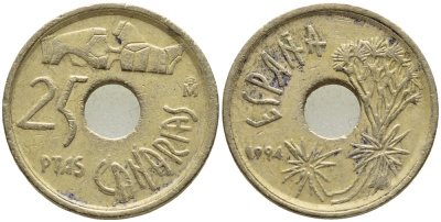 ИСПАНИЯ 25 ПЕСЕТ 1994 КАНАРСКИЕ ОСТРОВА (CANARIAS), ХУАН КАРЛОС I (1975-) KM 933 никель бронза 4397-611