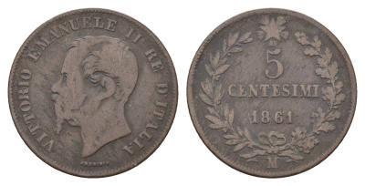 Италия 5 чентезимо 1861 M, Виктор Эммануил II (1861-1878) KM 3 медь 45-1013