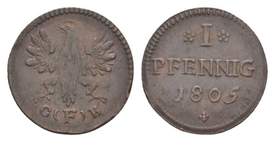 Франкфурт 1 пфенниг 1805 G(F)B KM 268 медь 1522-1243