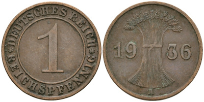 Германия 1 рейхспфенниг 1936 A KM 37, J. 313 бронза 4528-869