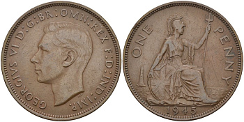 Великобритания 1 пенни 1945 Георг VI (1936-1952) KM 845, Spink 4114 бронза 4149-746
