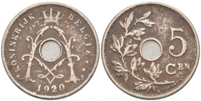 БЕЛЬГИЯ 5 САНТИМОВ 1920 BELGIE KM 67 медно-никель 100-514