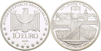 ФРГ 10 евро 2002 D, 100 лет немецкому метро KM 216, DE.S. 10.2 серебро PROOF 1085-5-34