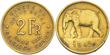 Бельгийское Конго 2 франка 1947 слон KM 28 латунь 4541-1036