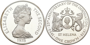 Остров Святой Елены 1 крона 1978 25 лет коронации Елизаветы II, в оригинальной коробке KM 7а серебро PROOF 00-00
