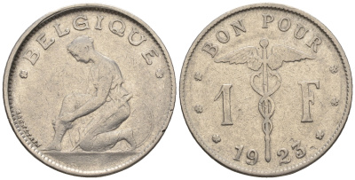 Бельгия 1 франк 1923 Belgique, Альберт I (1909-1934) KM 89 никель 85-635