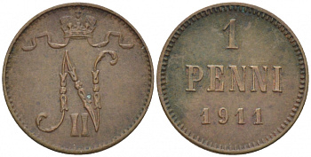 Россия для Финляндии 1 пенни 1911 Николай II (1894-1917) KM 13, Биткин 471 медь 4396-1342