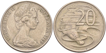 Австралия 20 центов 1968 Елизавета II (1952-2022), утконос KM 66 медно-никель 4512-616