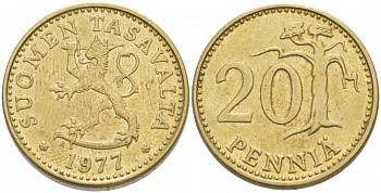 ФИНЛЯНДИЯ 20 ПЕННИ 1977 K KM 47 алюминиевая бронза 3718-635
