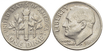 США 10 ЦЕНТОВ = 1 ДАЙМ 1966 РУЗВЕЛЬТ KM 195а медь плакированная медно-никелем 105-1039