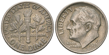 США 10 центов (дайм) 1985 P, Рузвельт KM 195a медь плакированная медно-никелем 192-1058