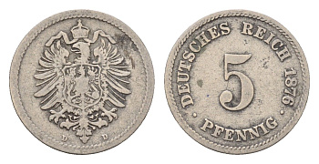 Германия 5 пфеннигов 1876 D, Вильгельм I (1871-1888) KM 3, J. 3 медно-никель 4632-657
