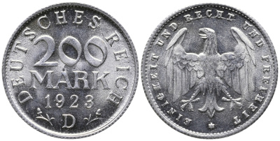ГЕРМАНИЯ 200 МАРОК 1923 D KM 35, J. 304 алюминий UNC 24-846
