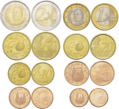 Испания полный евронабор из 8 монет 2003 1, 2, 5, 10, 20, 50 евроцентов, 1 и 2 евро KM 1040, 1041, 1042, 1070, 1071, 1072, 1073, 1074 4685-511-518